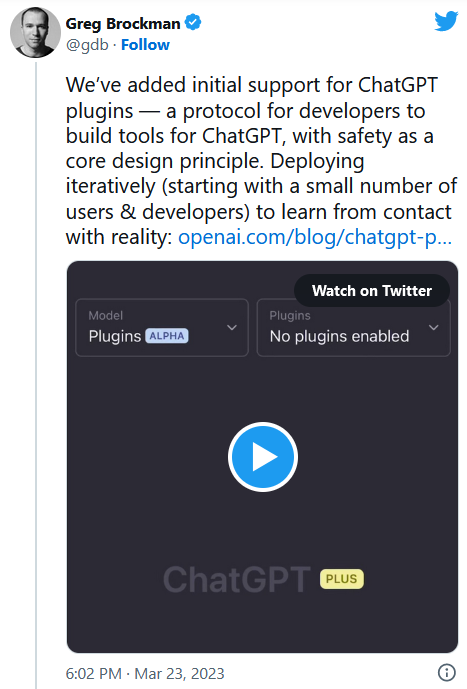 screenshot twit di Greg Brockman su plugin chatgpt